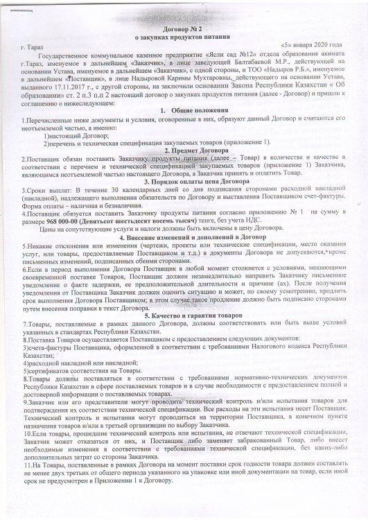 Балабақшаның 2020 жылға азық-түліктерді сатып- алу туралы келісім-шарты № 2