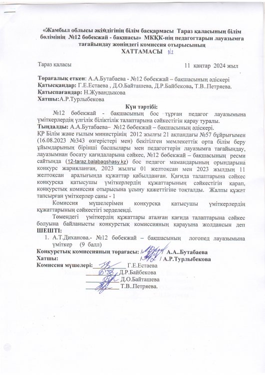 Логопедті жұмысқа қабылдау конкурс нәтижесінің хаттамалары