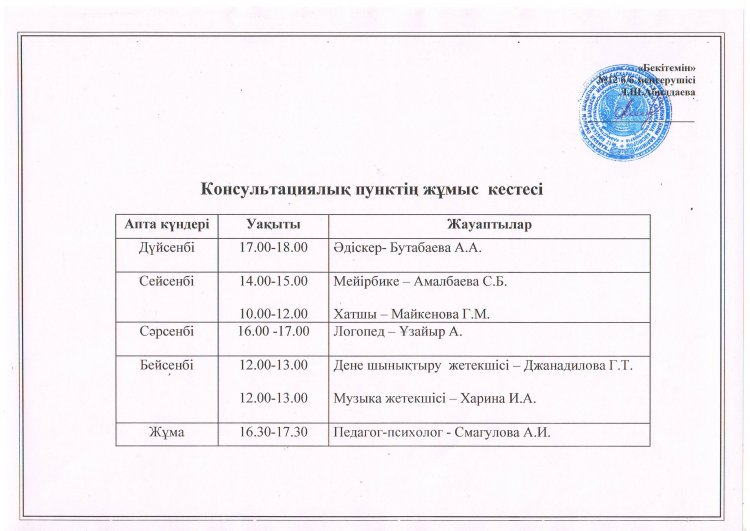 Кеңес беру пунктінің кестесі