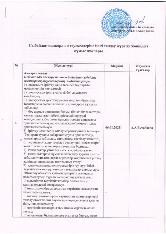 Сыбайлас жемқорлық тәуекелдеріне ішкі талдау жүргізу жөніндегі жұмыс жоспары