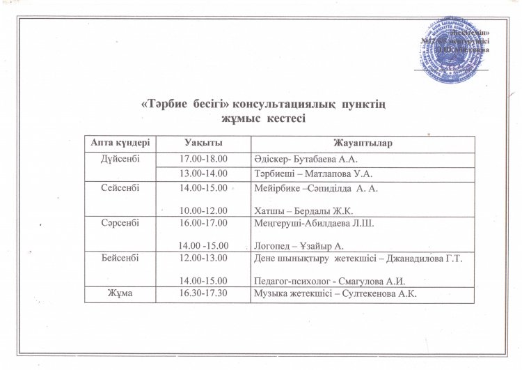 Консультациялық пунктің жұмыс кестесі