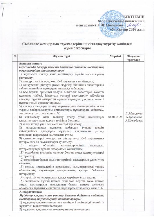 Сыбайлас жемқорлық тәуекелдеріне ішкі талдау жүргізу жөніндегі жұмыс жоспары